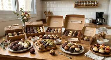 Mesa com caixas de brigadeiros gourmet